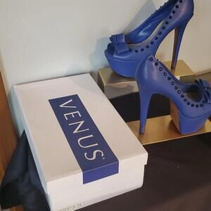 Faux Leather Royal Blue Platform Stilettos Embellished Peep Toe Spike detail